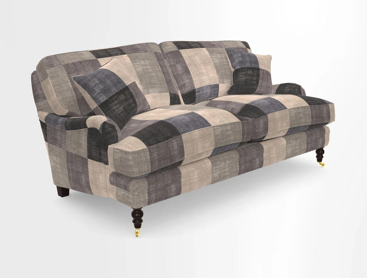 Coates 3 Seater Sofa in Mohair Velvet Indigo with Seat and Back Cushions in Gertrude Jekyll Meadow Flower Blue