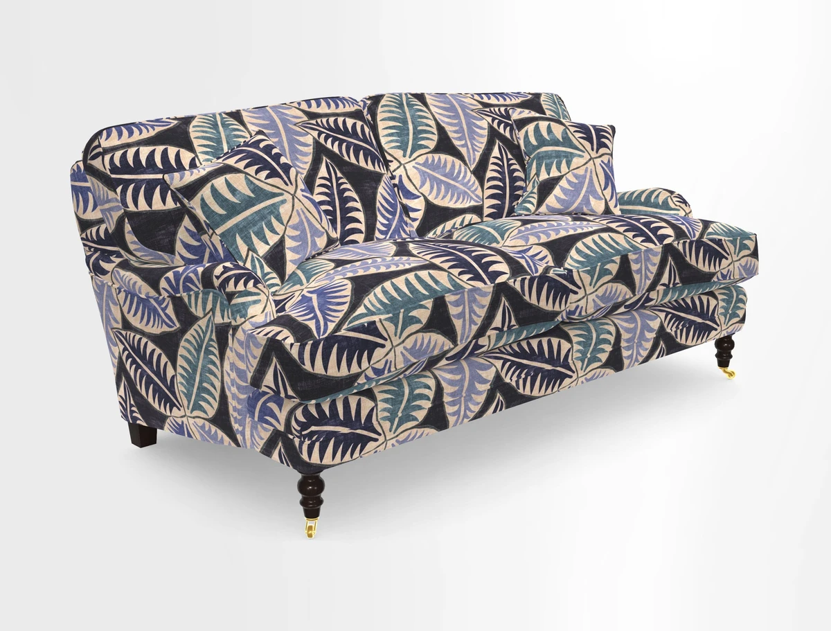 Coates 3 Seater Sofa in Mohair Velvet Indigo with Seat and Back Cushions in Gertrude Jekyll Meadow Flower Blue