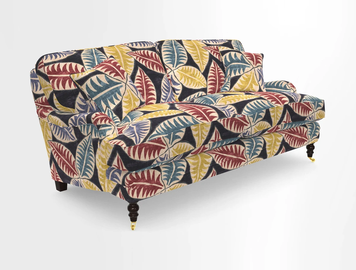 Coates 3 Seater Sofa in Mohair Velvet Indigo with Seat and Back Cushions in Gertrude Jekyll Meadow Flower Blue