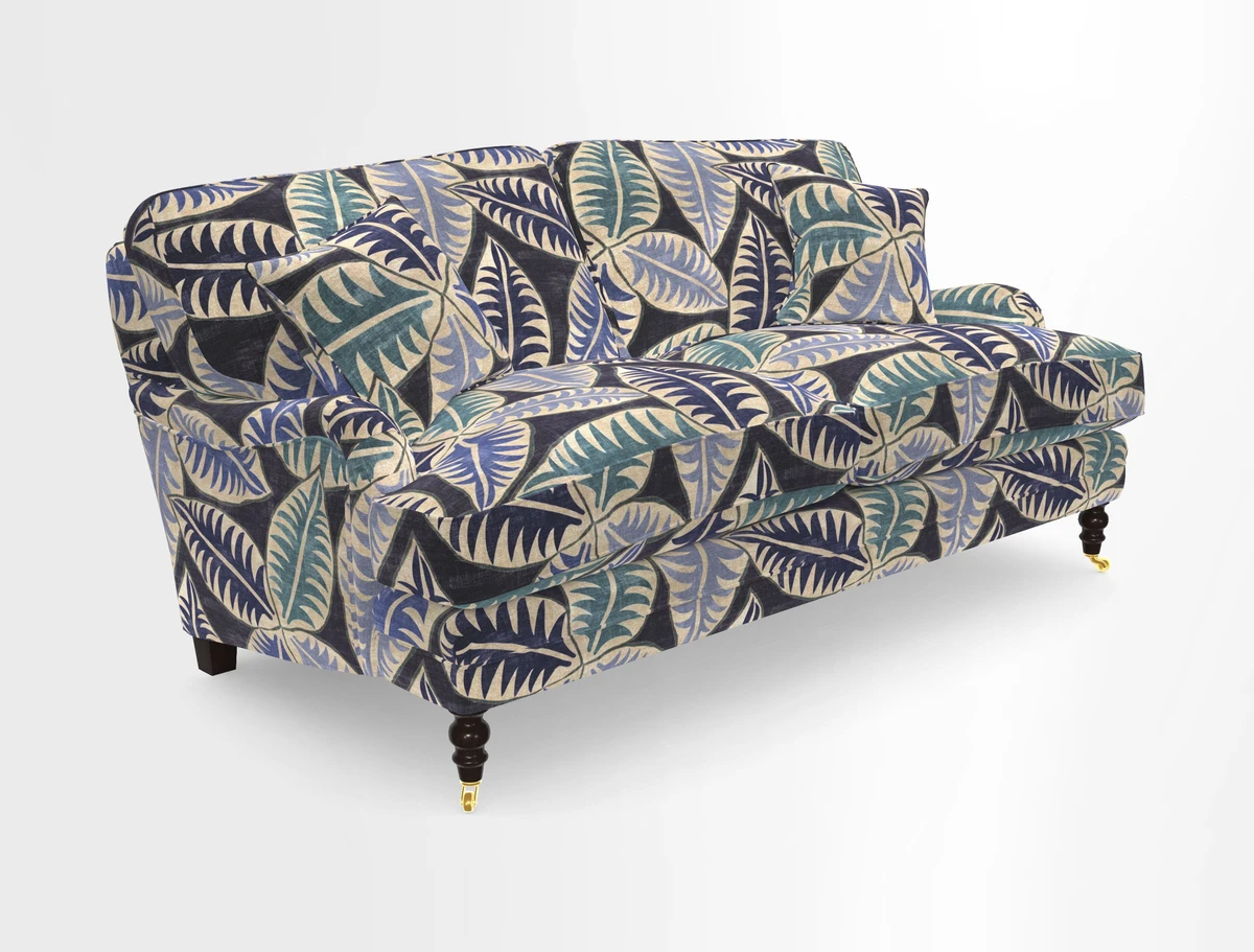 Coates 3 Seater Sofa in Mohair Velvet Indigo with Seat and Back Cushions in Gertrude Jekyll Meadow Flower Blue