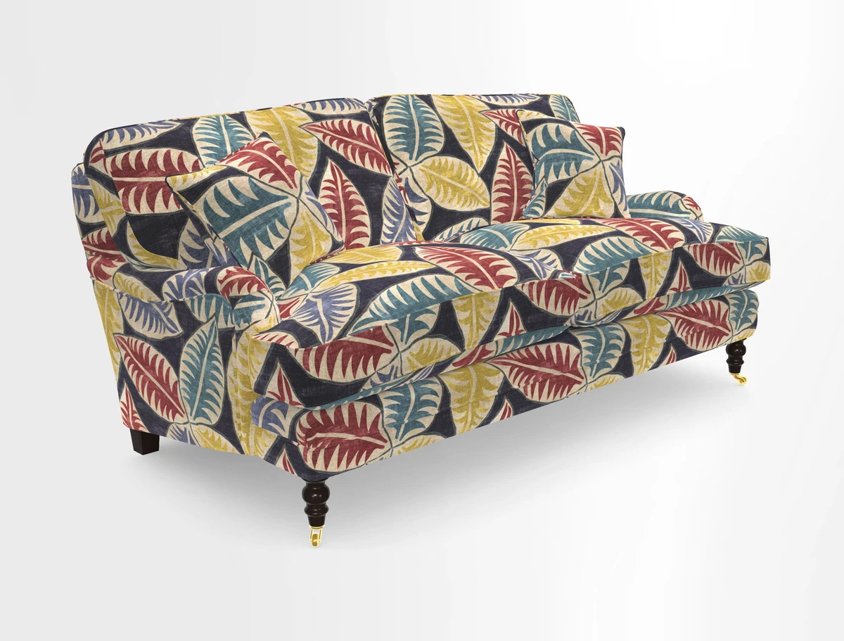 Coates 3 Seater Sofa in Mohair Velvet Indigo with Seat and Back Cushions in Gertrude Jekyll Meadow Flower Blue