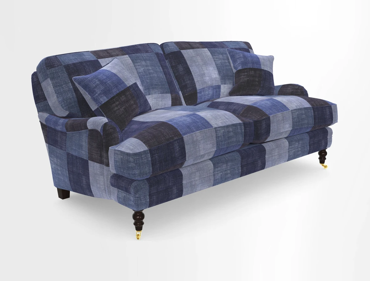Coates 3 Seater Sofa in Mohair Velvet Indigo with Seat and Back Cushions in Gertrude Jekyll Meadow Flower Blue