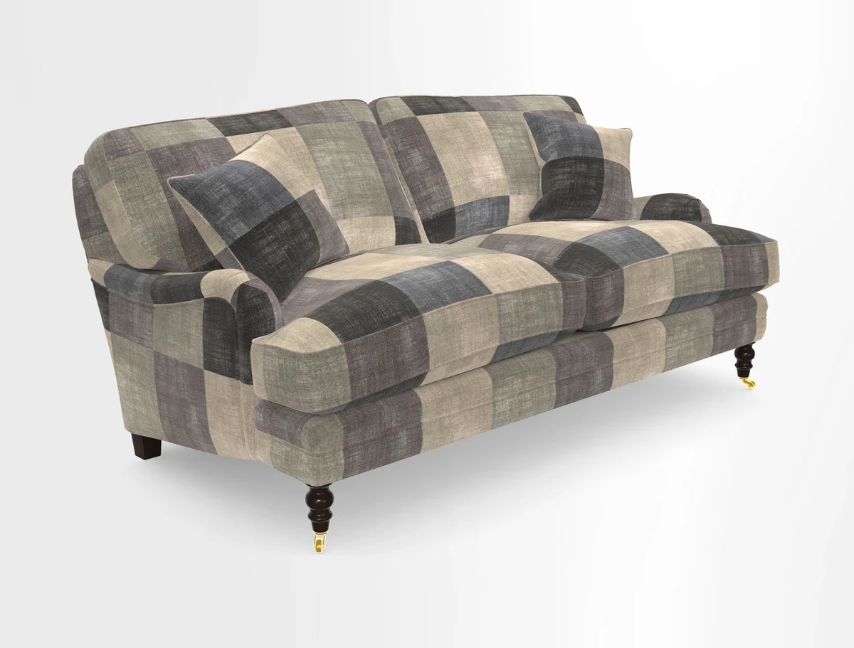 Coates 3 Seater Sofa in Mohair Velvet Indigo with Seat and Back Cushions in Gertrude Jekyll Meadow Flower Blue