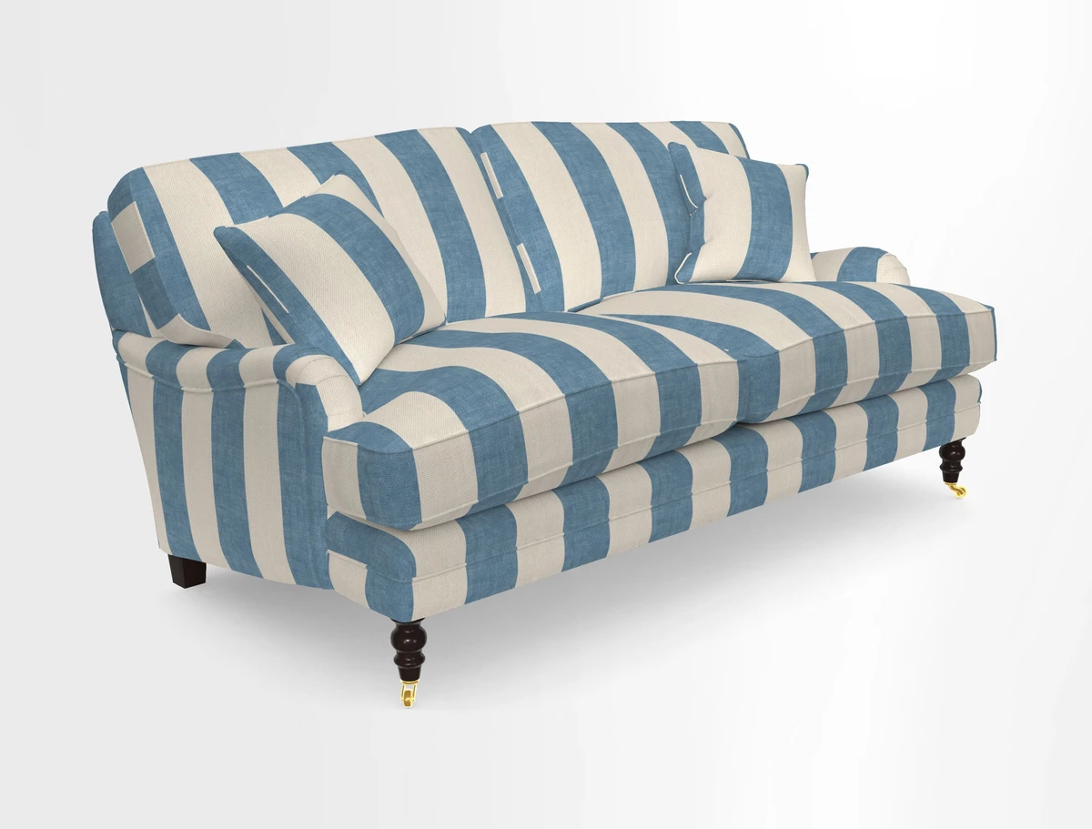 Coates 3 Seater Sofa in Mohair Velvet Indigo with Seat and Back Cushions in Gertrude Jekyll Meadow Flower Blue