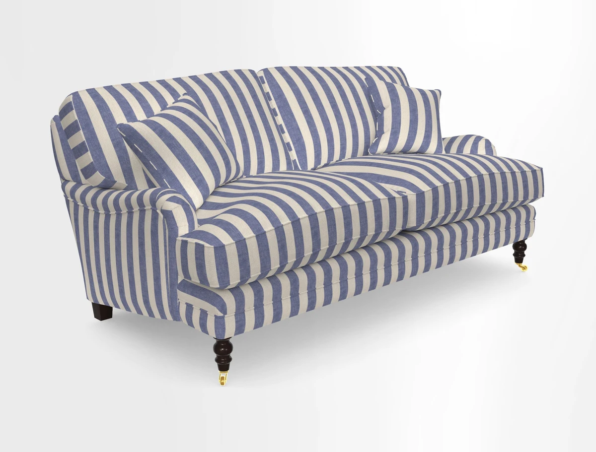 Coates 3 Seater Sofa in Mohair Velvet Indigo with Seat and Back Cushions in Gertrude Jekyll Meadow Flower Blue