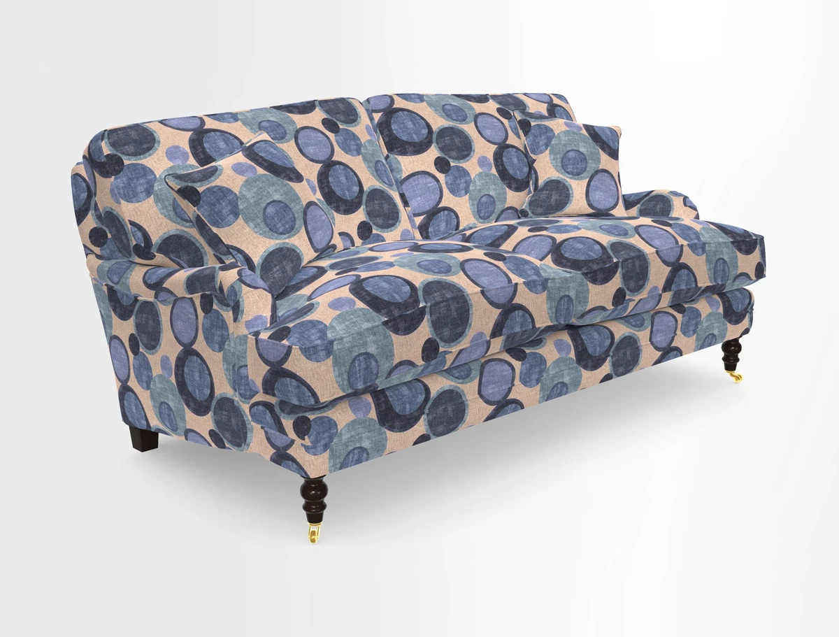 Coates 3 Seater Sofa in Mohair Velvet Indigo with Seat and Back Cushions in Gertrude Jekyll Meadow Flower Blue