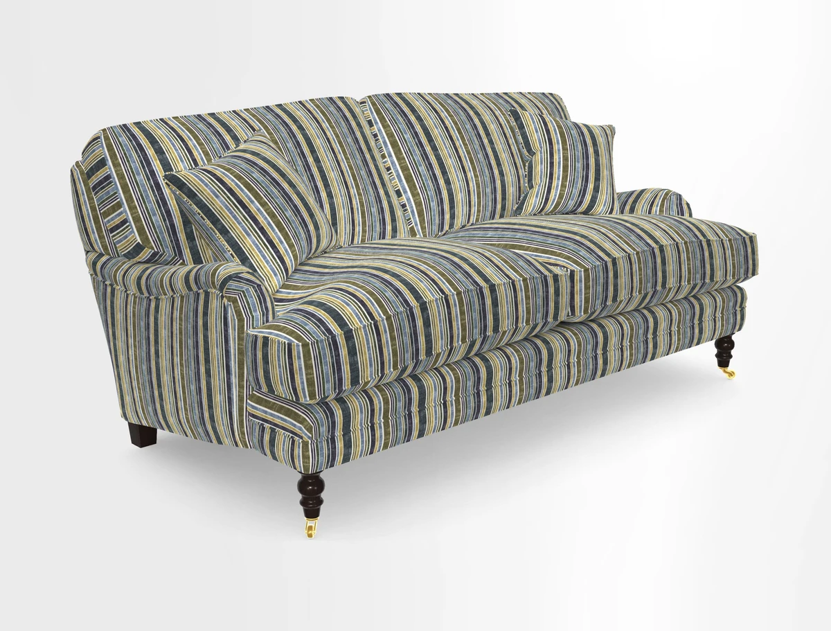 Coates 3 Seater Sofa in Mohair Velvet Indigo with Seat and Back Cushions in Gertrude Jekyll Meadow Flower Blue