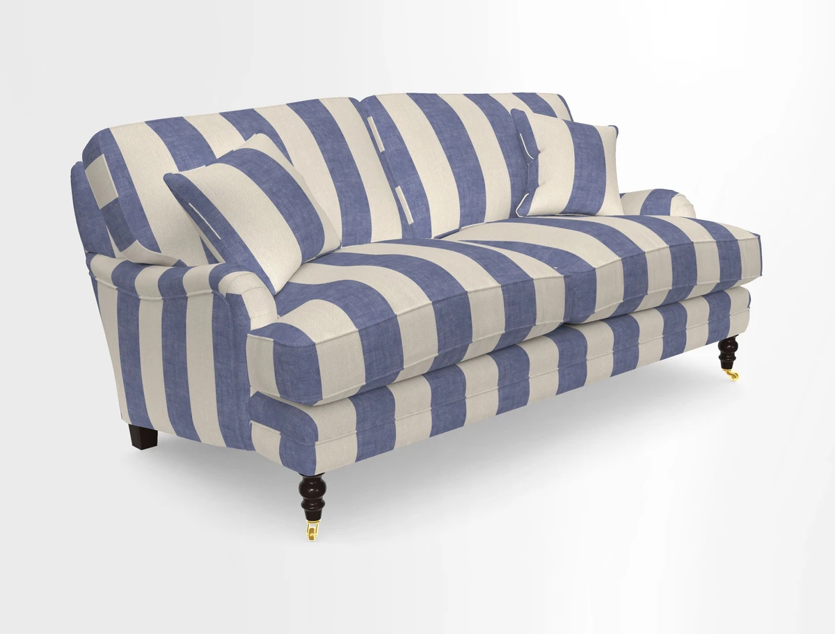 Coates 3 Seater Sofa in Mohair Velvet Indigo with Seat and Back Cushions in Gertrude Jekyll Meadow Flower Blue
