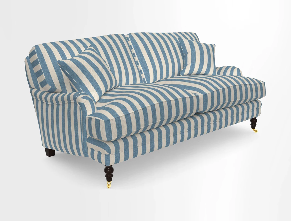 Coates 3 Seater Sofa in Mohair Velvet Indigo with Seat and Back Cushions in Gertrude Jekyll Meadow Flower Blue