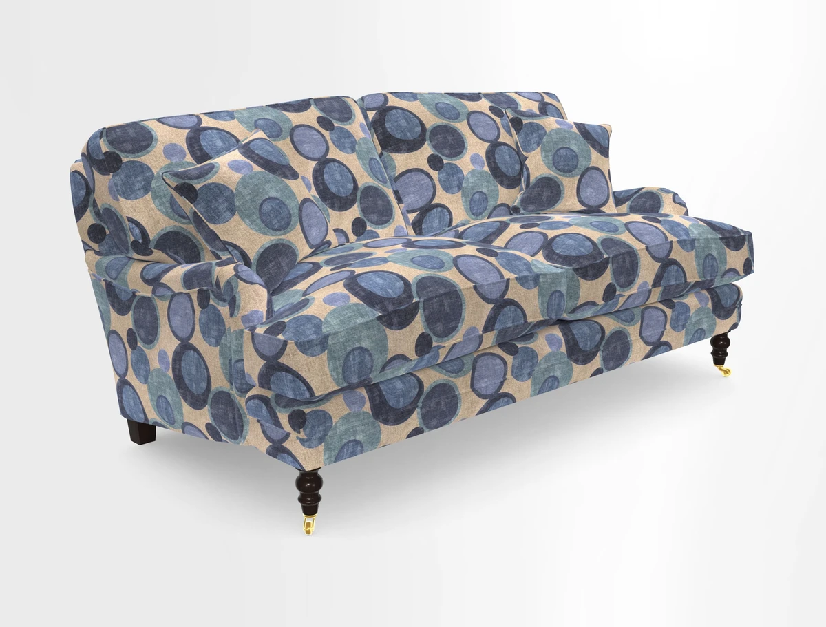 Coates 3 Seater Sofa in Mohair Velvet Indigo with Seat and Back Cushions in Gertrude Jekyll Meadow Flower Blue