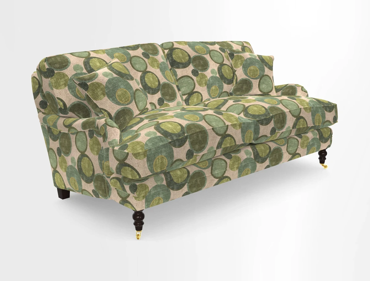 Coates 3 Seater Sofa in Mohair Velvet Indigo with Seat and Back Cushions in Gertrude Jekyll Meadow Flower Blue