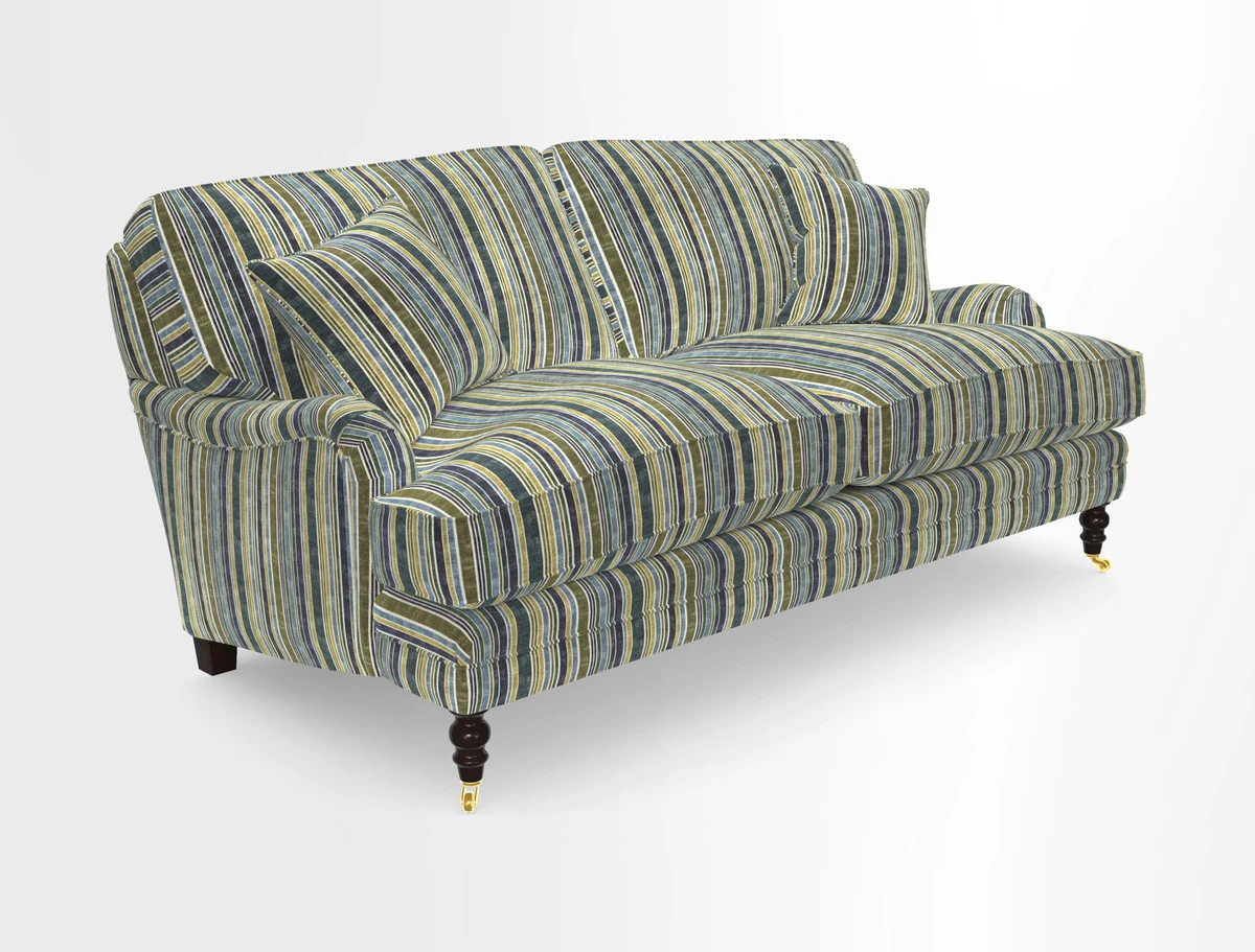 Coates 3 Seater Sofa in Mohair Velvet Indigo with Seat and Back Cushions in Gertrude Jekyll Meadow Flower Blue