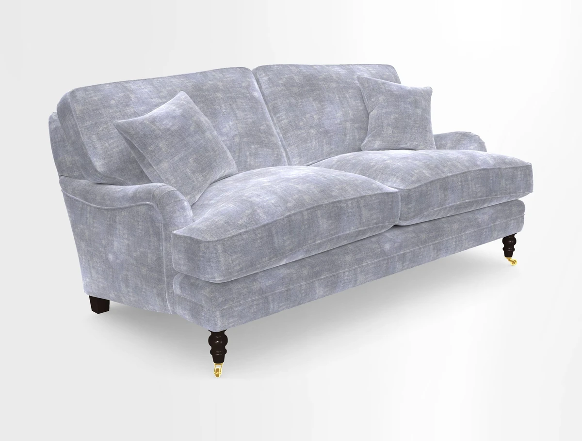 Coates 3 Seater Sofa in Mohair Velvet Indigo with Seat and Back Cushions in Gertrude Jekyll Meadow Flower Blue