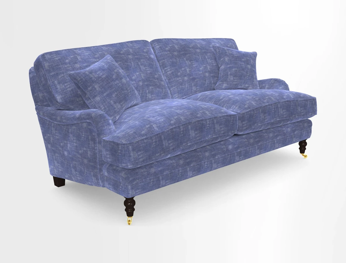 Coates 3 Seater Sofa in Mohair Velvet Indigo with Seat and Back Cushions in Gertrude Jekyll Meadow Flower Blue