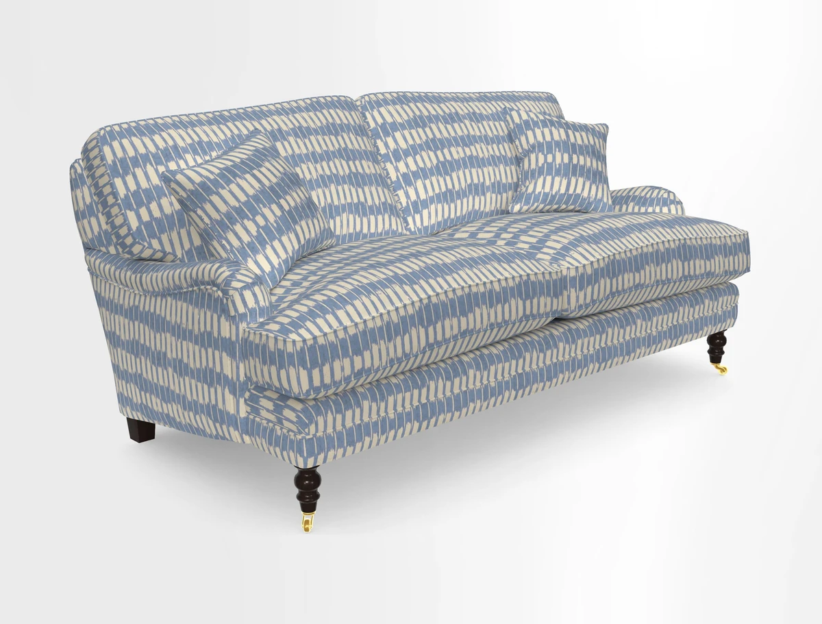 Coates 3 Seater Sofa in Mohair Velvet Indigo with Seat and Back Cushions in Gertrude Jekyll Meadow Flower Blue