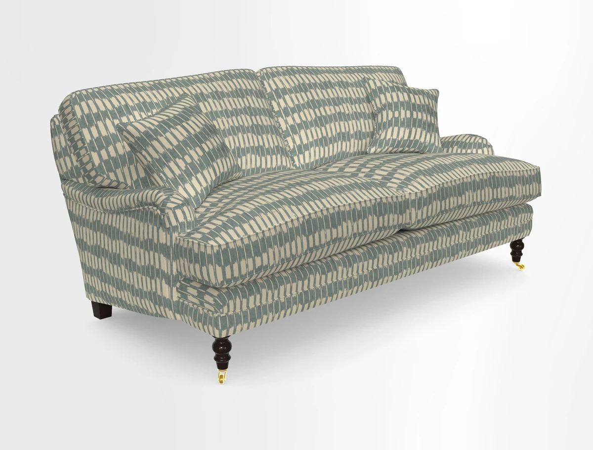 Coates 3 Seater Sofa in Mohair Velvet Indigo with Seat and Back Cushions in Gertrude Jekyll Meadow Flower Blue