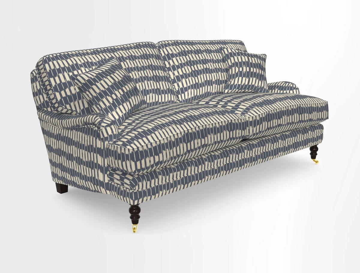 Coates 3 Seater Sofa in Mohair Velvet Indigo with Seat and Back Cushions in Gertrude Jekyll Meadow Flower Blue