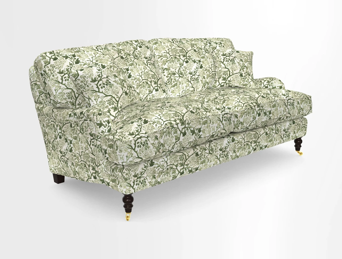 Coates 3 Seater Sofa in Mohair Velvet Indigo with Seat and Back Cushions in Gertrude Jekyll Meadow Flower Blue