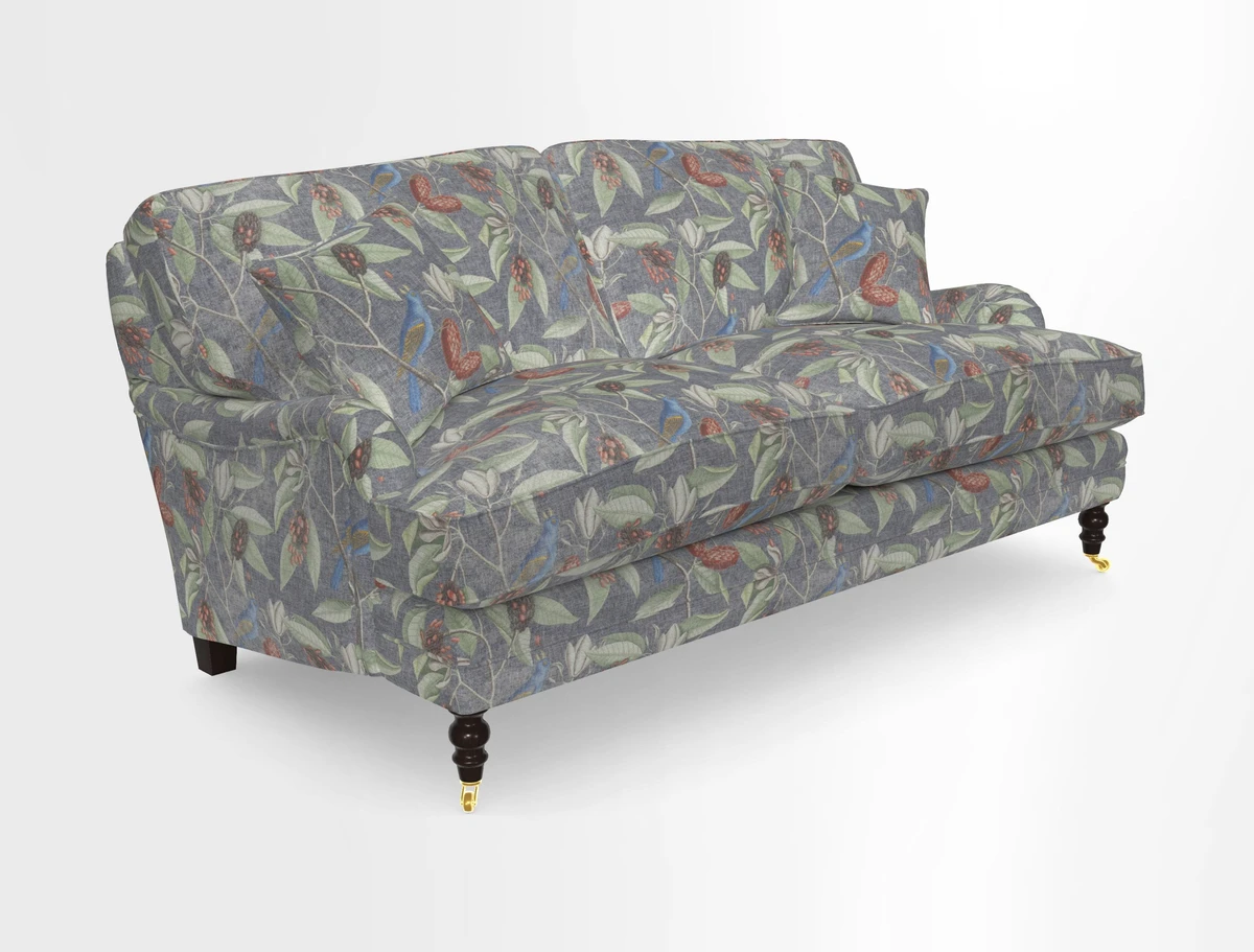 Coates 3 Seater Sofa in Mohair Velvet Indigo with Seat and Back Cushions in Gertrude Jekyll Meadow Flower Blue