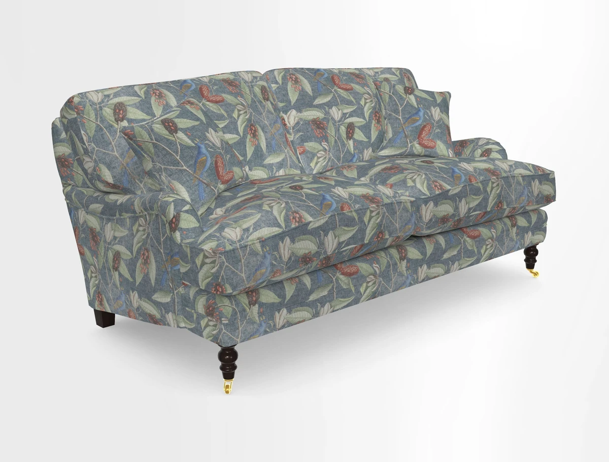 Coates 3 Seater Sofa in Mohair Velvet Indigo with Seat and Back Cushions in Gertrude Jekyll Meadow Flower Blue