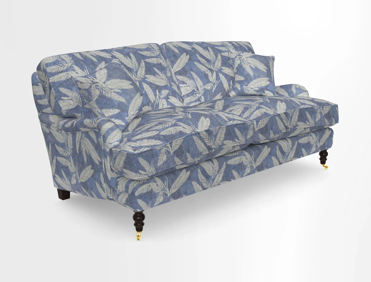 Coates 3 Seater Sofa in Mohair Velvet Indigo with Seat and Back Cushions in Gertrude Jekyll Meadow Flower Blue