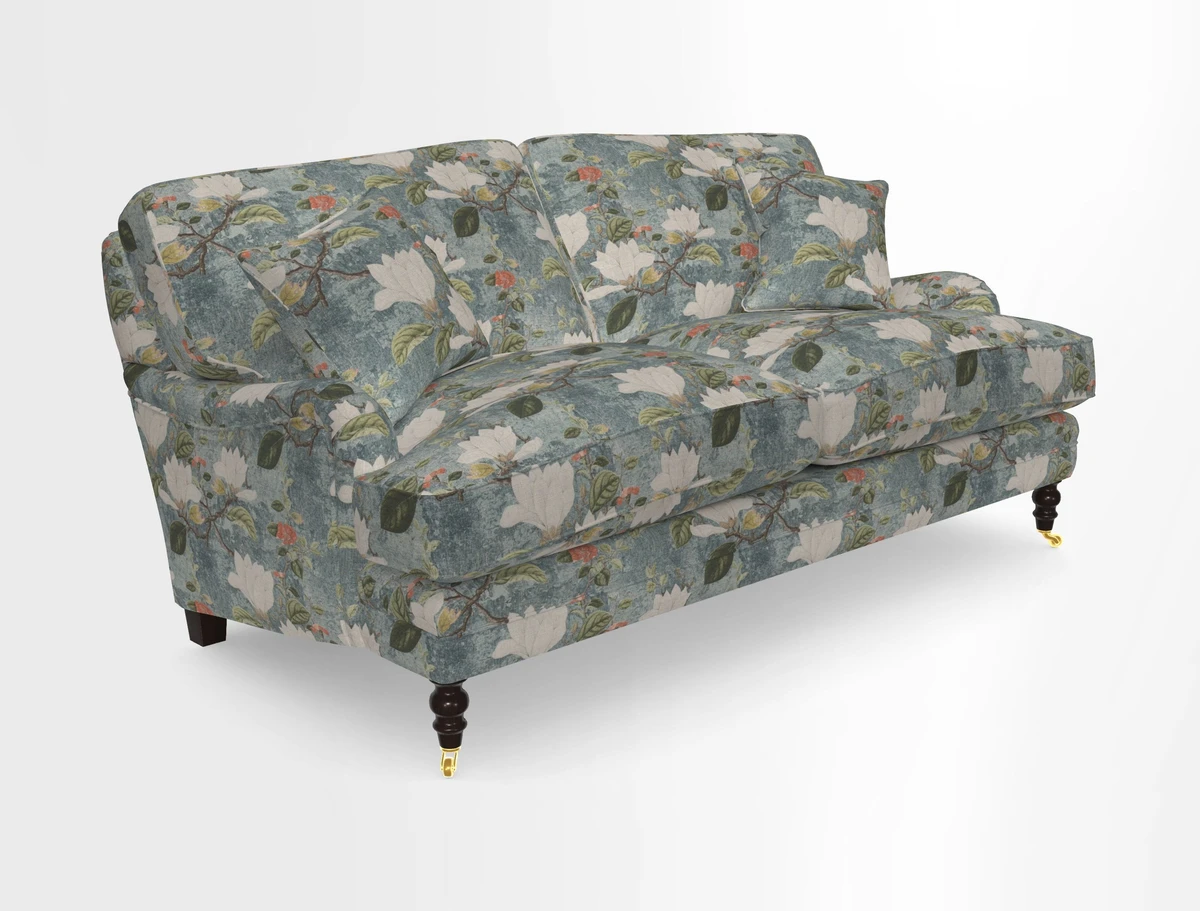 Coates 3 Seater Sofa in Mohair Velvet Indigo with Seat and Back Cushions in Gertrude Jekyll Meadow Flower Blue