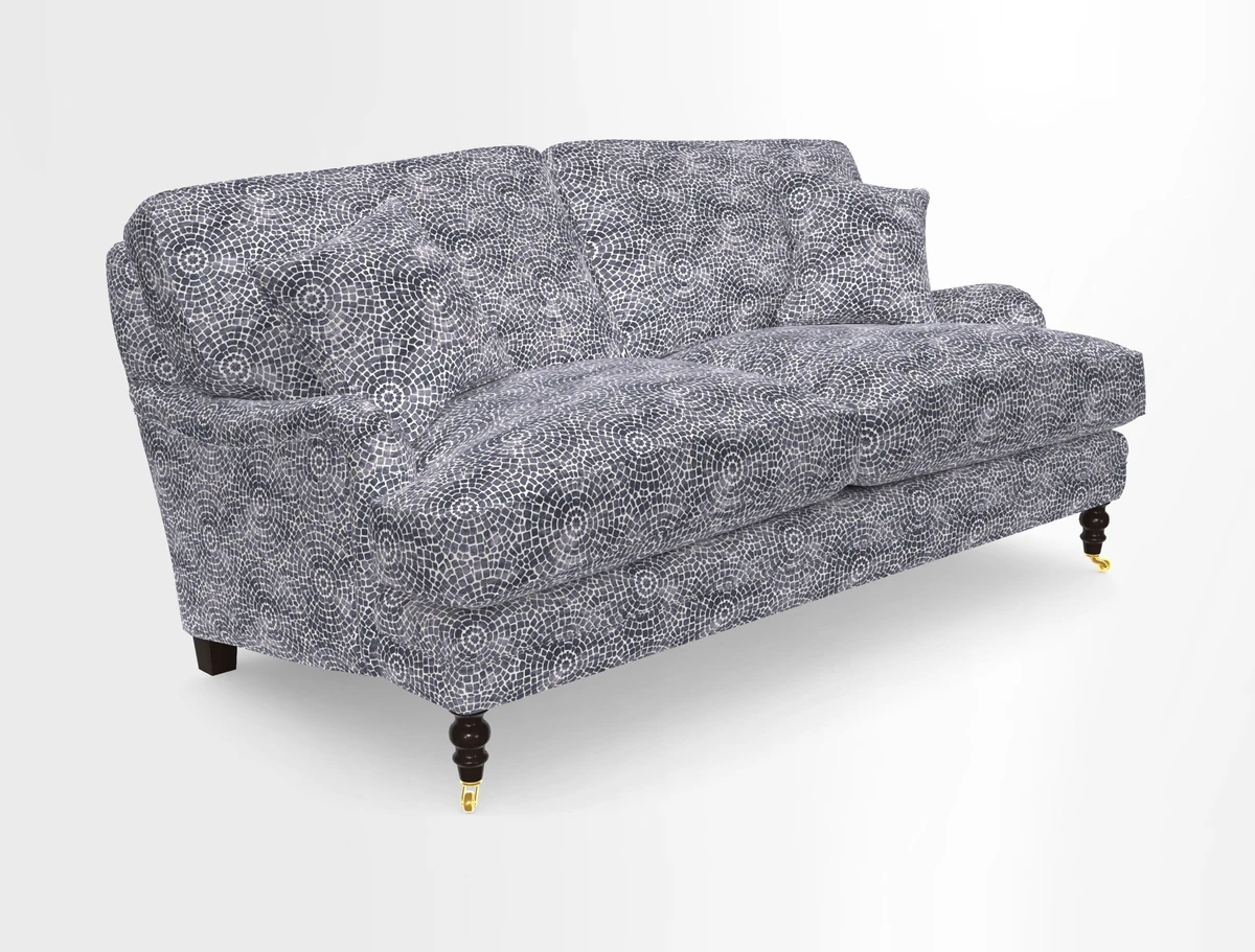Coates 3 Seater Sofa in Mohair Velvet Indigo with Seat and Back Cushions in Gertrude Jekyll Meadow Flower Blue