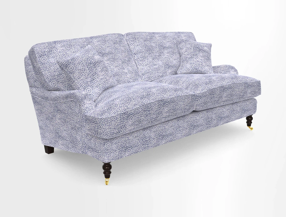 Coates 3 Seater Sofa in Mohair Velvet Indigo with Seat and Back Cushions in Gertrude Jekyll Meadow Flower Blue