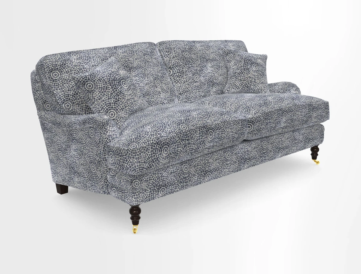Coates 3 Seater Sofa in Mohair Velvet Indigo with Seat and Back Cushions in Gertrude Jekyll Meadow Flower Blue