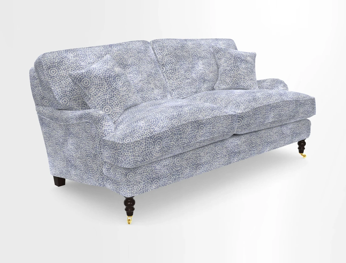 Coates 3 Seater Sofa in Mohair Velvet Indigo with Seat and Back Cushions in Gertrude Jekyll Meadow Flower Blue