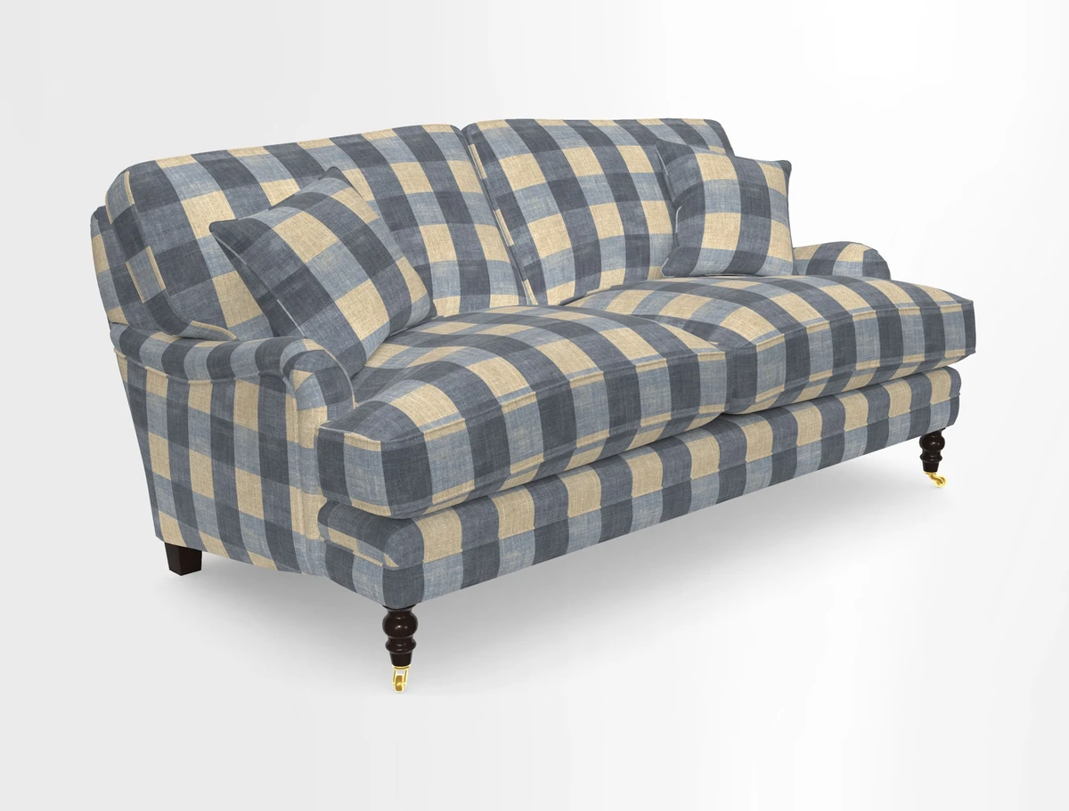 Coates 3 Seater Sofa in Mohair Velvet Indigo with Seat and Back Cushions in Gertrude Jekyll Meadow Flower Blue