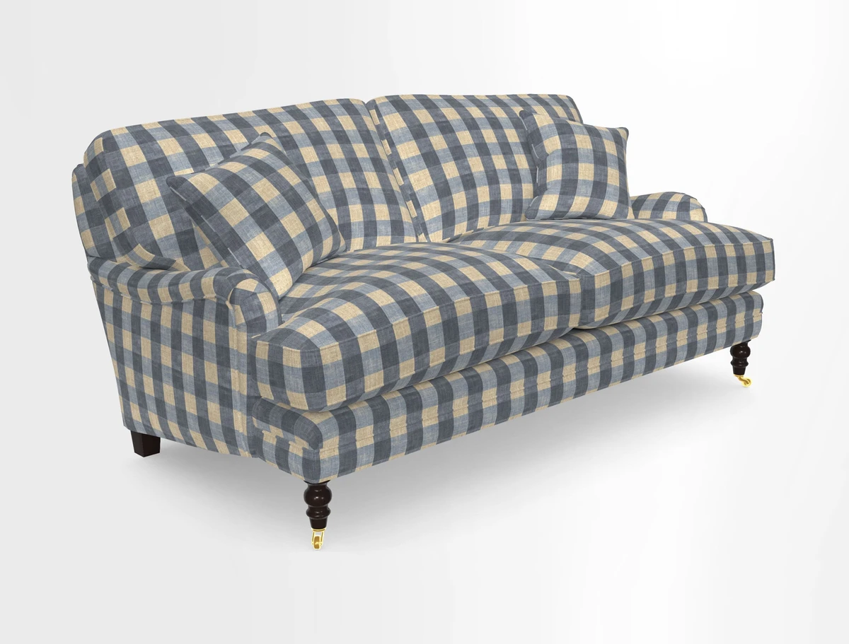 Coates 3 Seater Sofa in Mohair Velvet Indigo with Seat and Back Cushions in Gertrude Jekyll Meadow Flower Blue