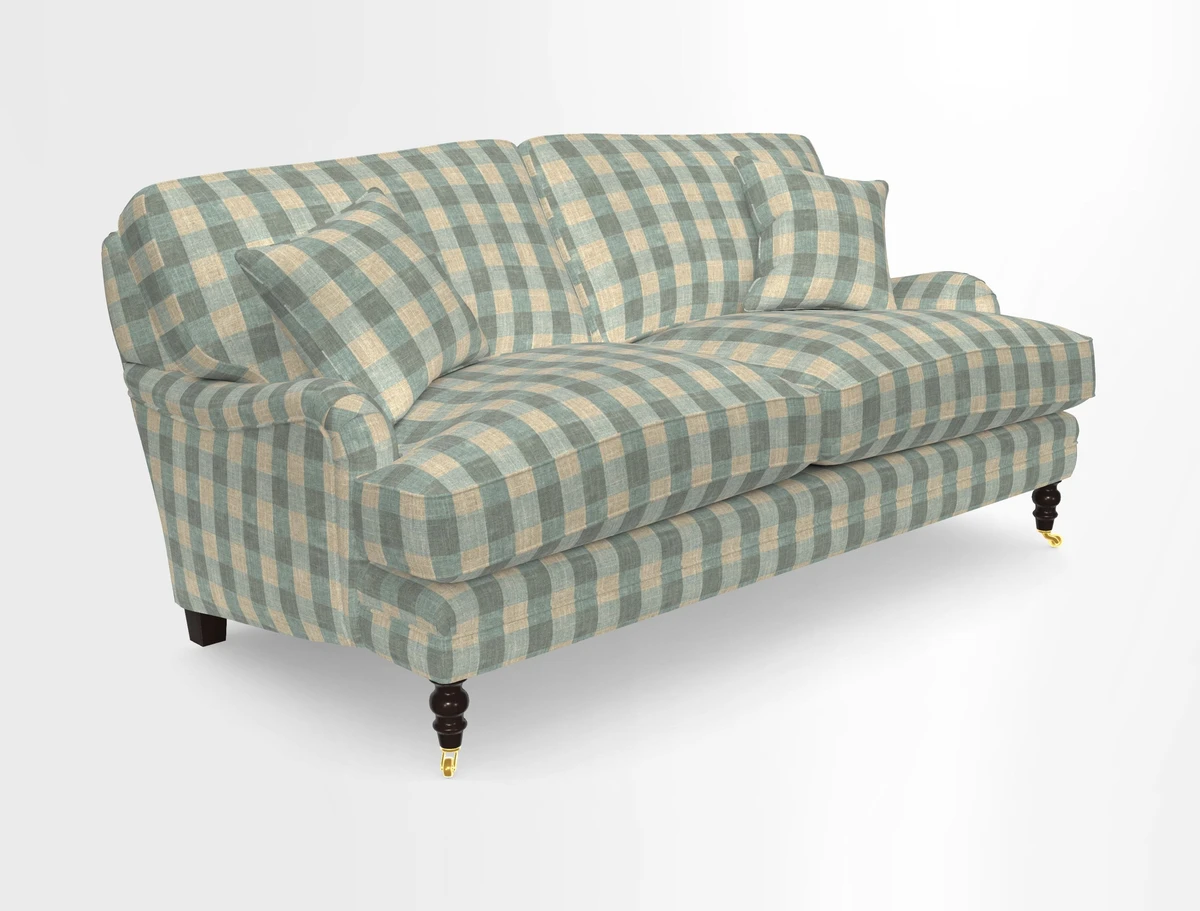 Coates 3 Seater Sofa in Mohair Velvet Indigo with Seat and Back Cushions in Gertrude Jekyll Meadow Flower Blue