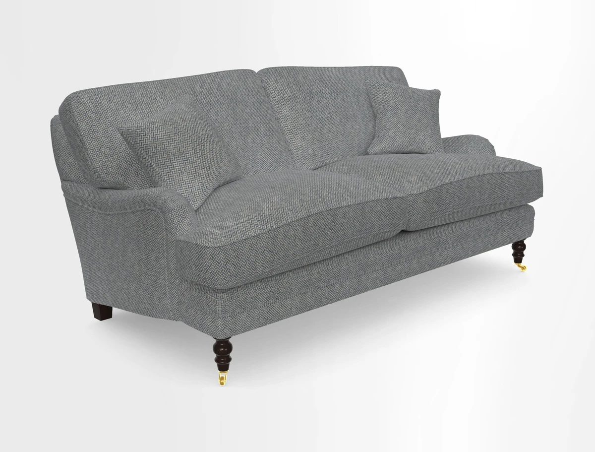 Coates 3 Seater Sofa in Mohair Velvet Indigo with Seat and Back Cushions in Gertrude Jekyll Meadow Flower Blue