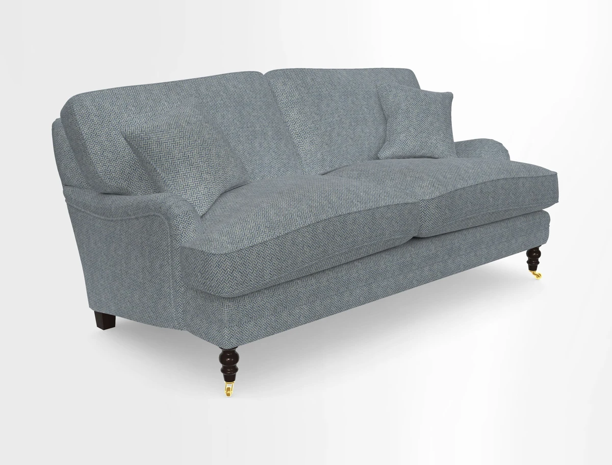 Coates 3 Seater Sofa in Mohair Velvet Indigo with Seat and Back Cushions in Gertrude Jekyll Meadow Flower Blue