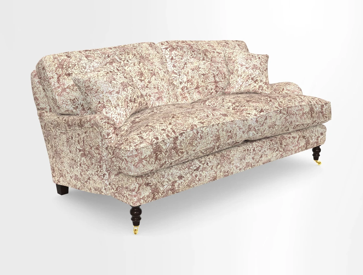 Coates 3 Seater Sofa in Mohair Velvet Indigo with Seat and Back Cushions in Gertrude Jekyll Meadow Flower Blue
