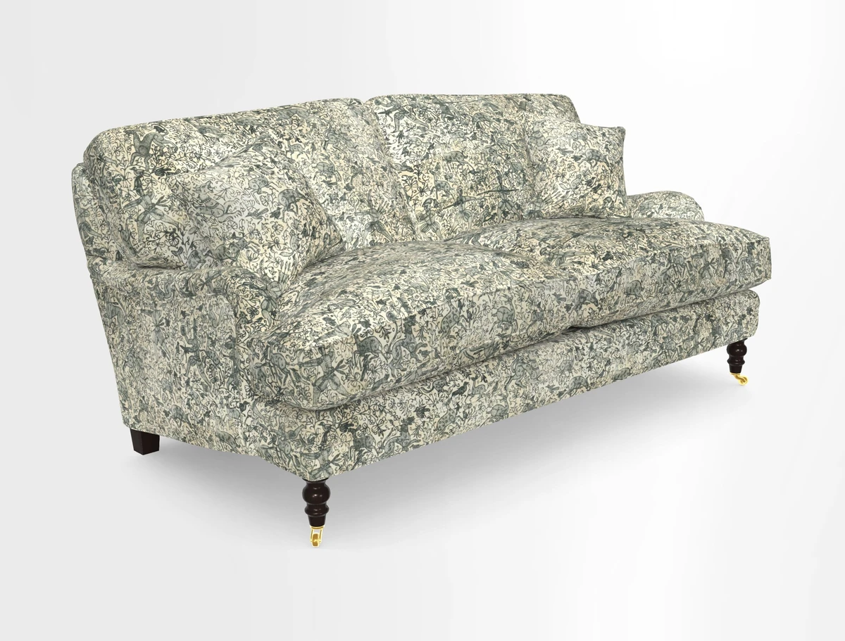 Coates 3 Seater Sofa in Mohair Velvet Indigo with Seat and Back Cushions in Gertrude Jekyll Meadow Flower Blue