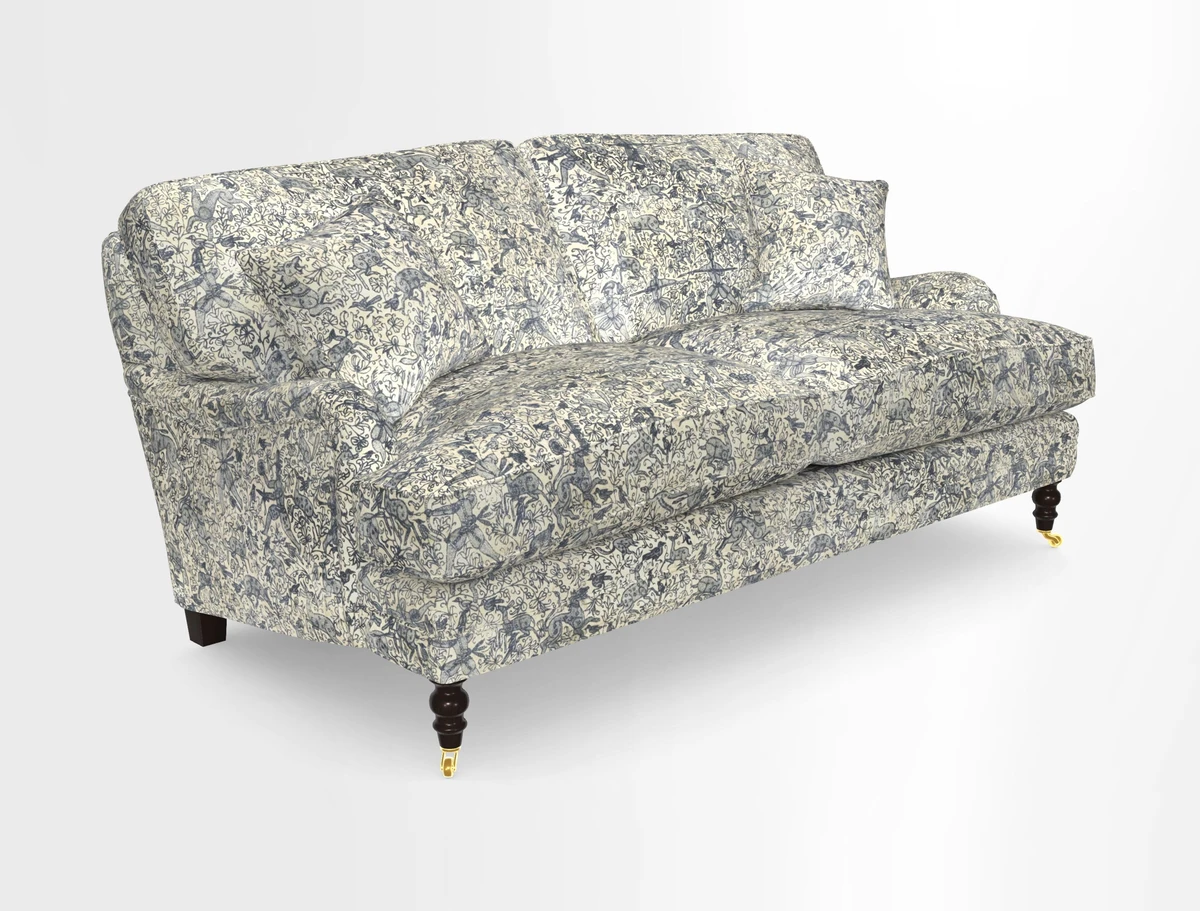 Coates 3 Seater Sofa in Mohair Velvet Indigo with Seat and Back Cushions in Gertrude Jekyll Meadow Flower Blue