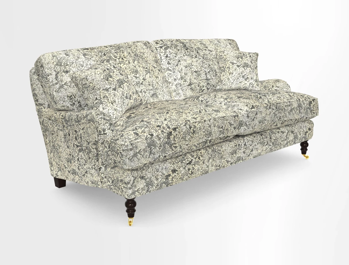 Coates 3 Seater Sofa in Mohair Velvet Indigo with Seat and Back Cushions in Gertrude Jekyll Meadow Flower Blue