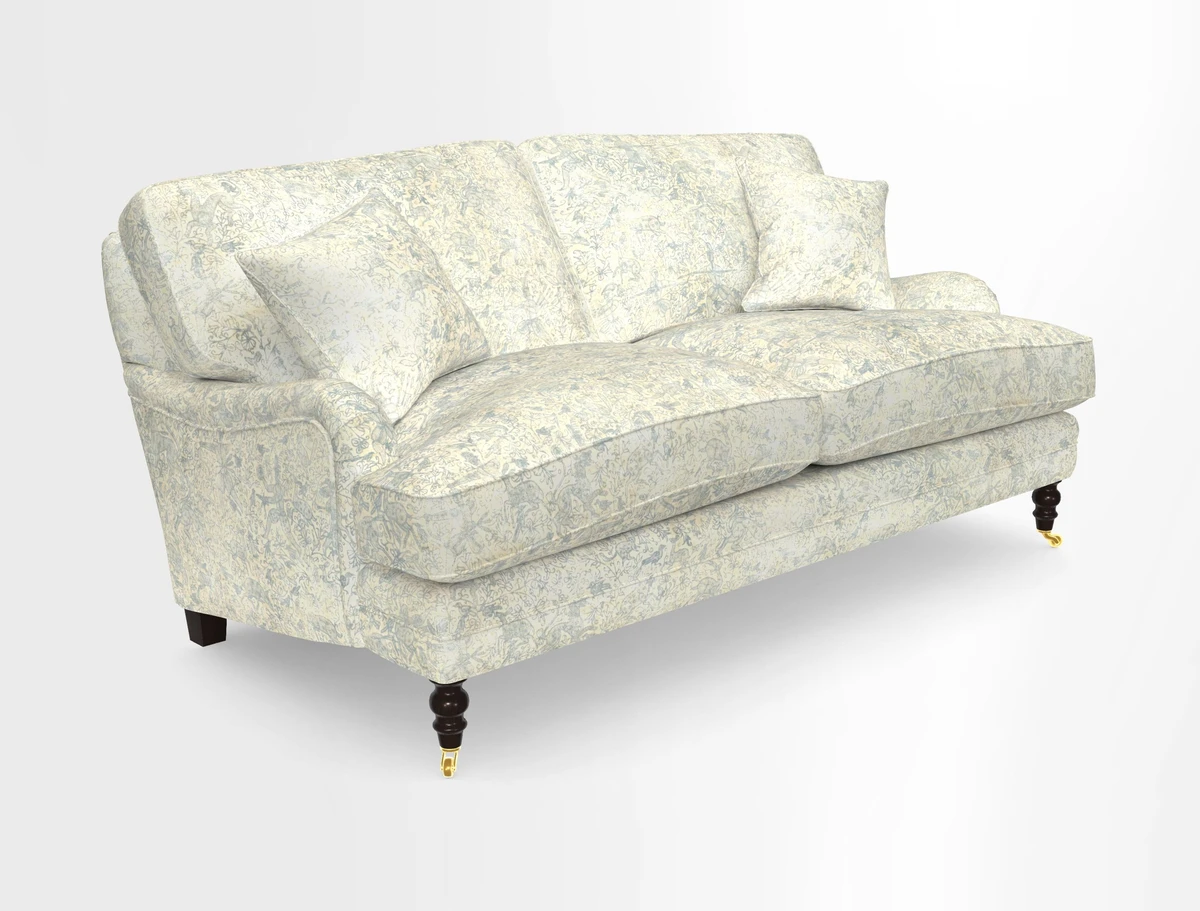Coates 3 Seater Sofa in Mohair Velvet Indigo with Seat and Back Cushions in Gertrude Jekyll Meadow Flower Blue