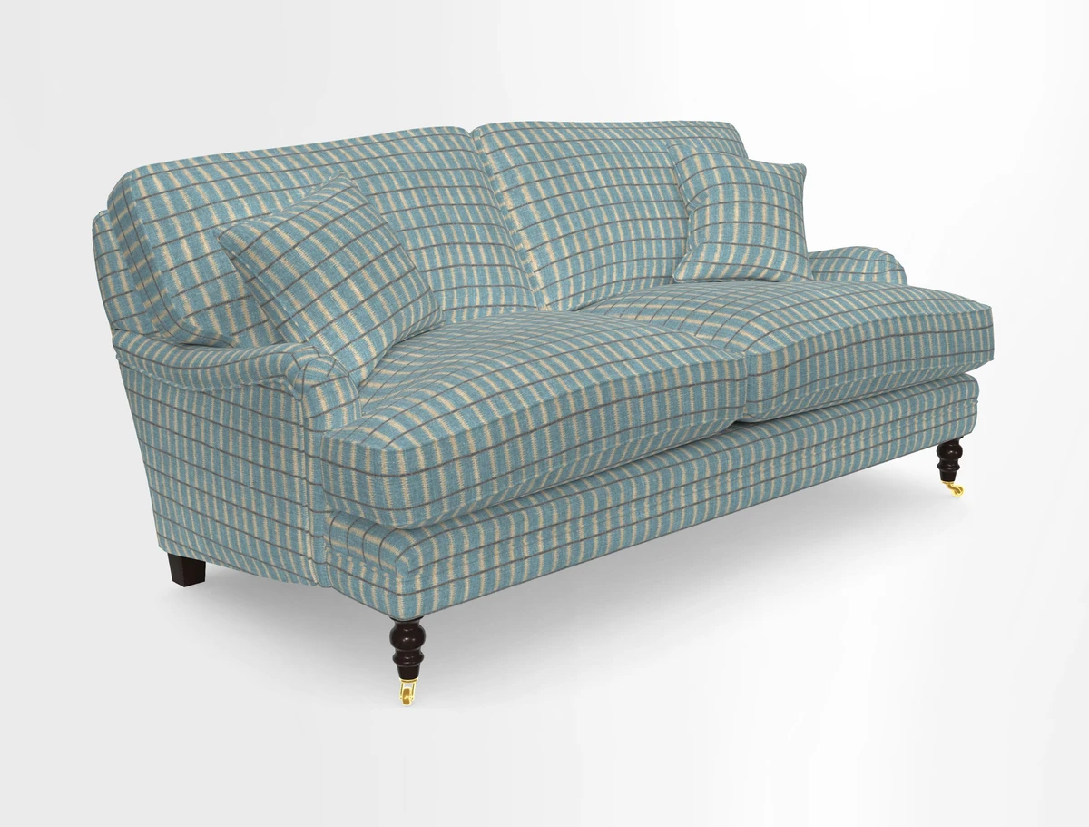 Coates 3 Seater Sofa in Mohair Velvet Indigo with Seat and Back Cushions in Gertrude Jekyll Meadow Flower Blue