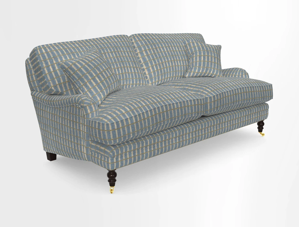 Coates 3 Seater Sofa in Mohair Velvet Indigo with Seat and Back Cushions in Gertrude Jekyll Meadow Flower Blue