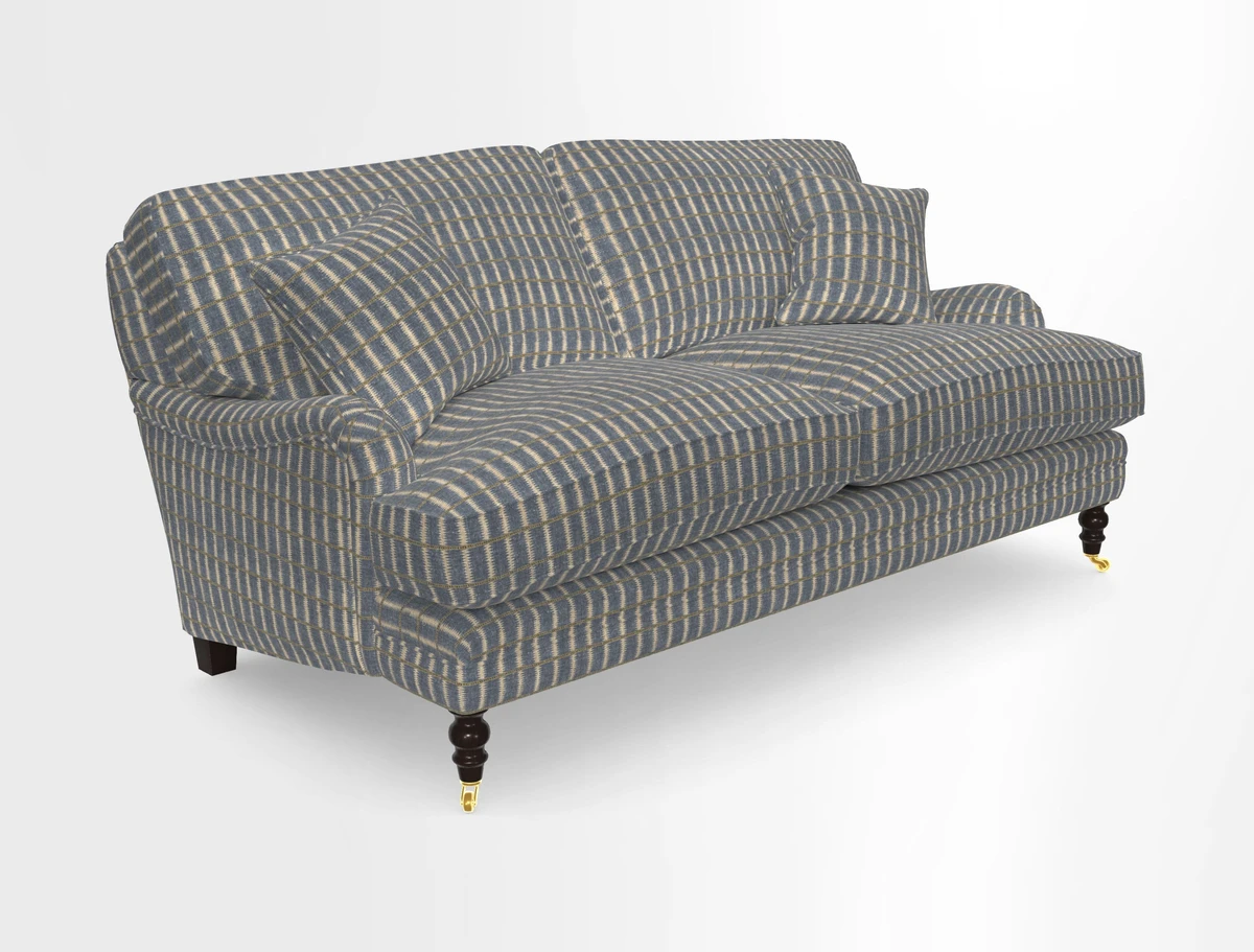 Coates 3 Seater Sofa in Mohair Velvet Indigo with Seat and Back Cushions in Gertrude Jekyll Meadow Flower Blue