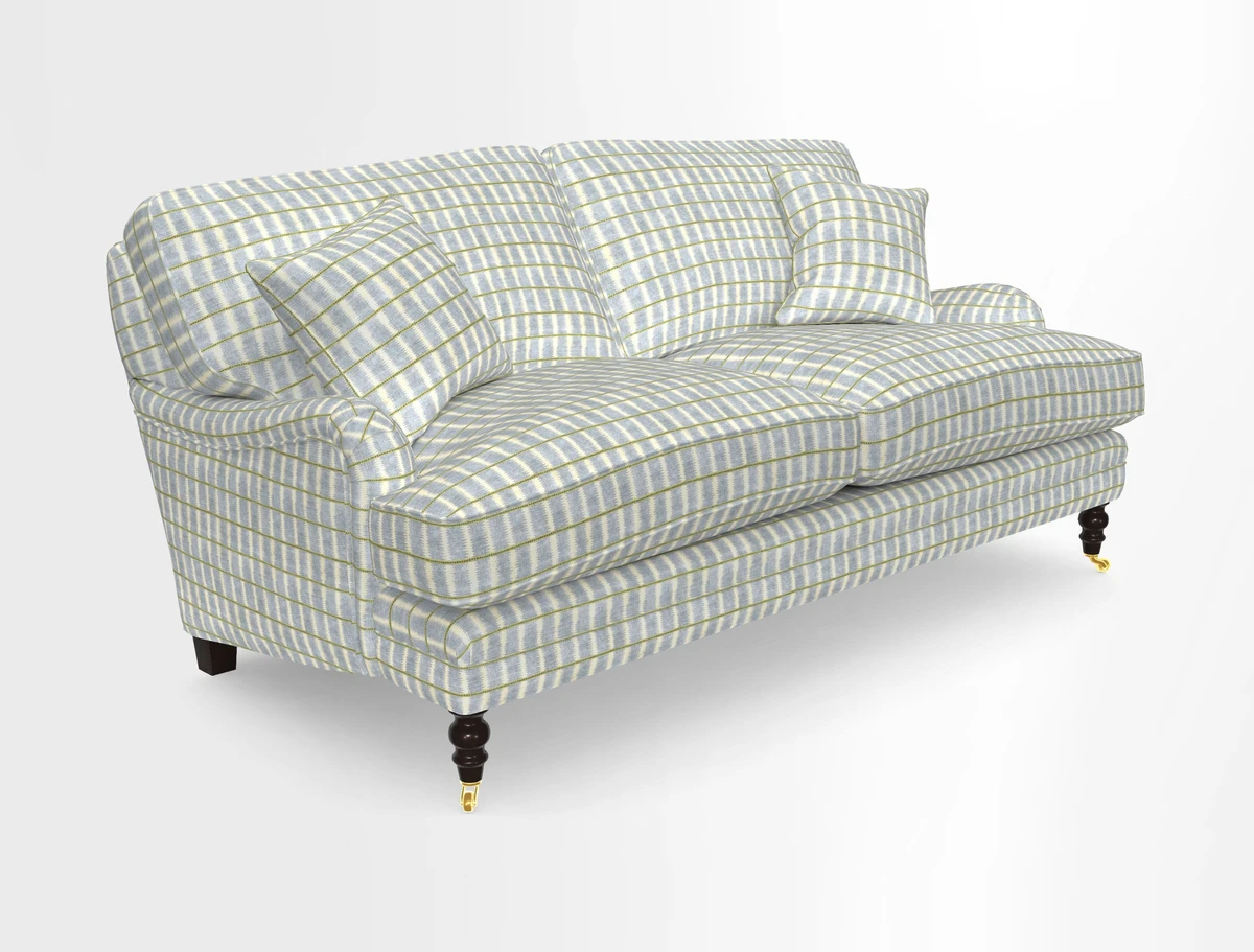 Coates 3 Seater Sofa in Mohair Velvet Indigo with Seat and Back Cushions in Gertrude Jekyll Meadow Flower Blue