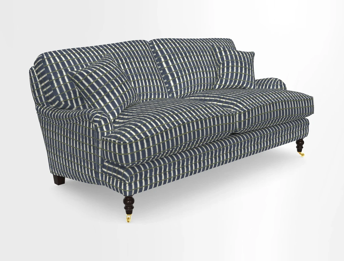 Coates 3 Seater Sofa in Mohair Velvet Indigo with Seat and Back Cushions in Gertrude Jekyll Meadow Flower Blue