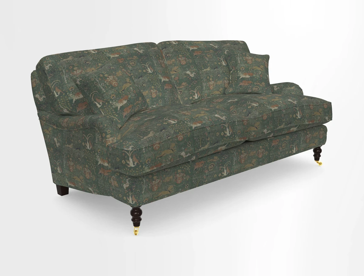 Coates 3 Seater Sofa in Mohair Velvet Indigo with Seat and Back Cushions in Gertrude Jekyll Meadow Flower Blue