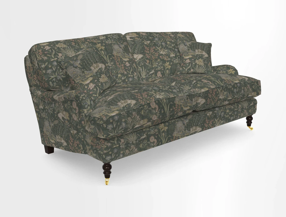Coates 3 Seater Sofa in Mohair Velvet Indigo with Seat and Back Cushions in Gertrude Jekyll Meadow Flower Blue