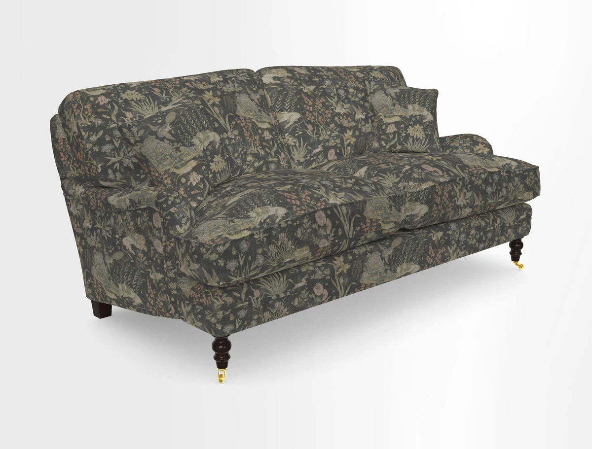 Coates 3 Seater Sofa in Mohair Velvet Indigo with Seat and Back Cushions in Gertrude Jekyll Meadow Flower Blue