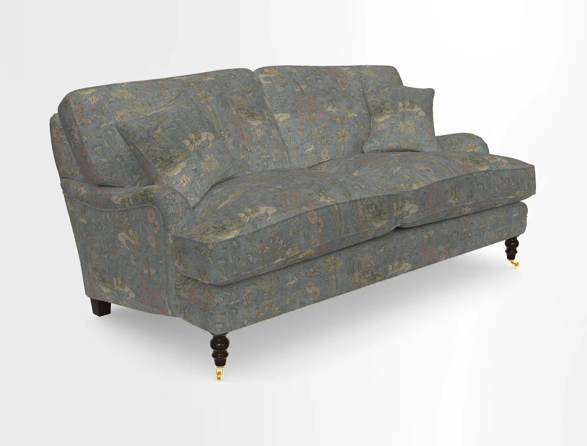 Coates 3 Seater Sofa in Mohair Velvet Indigo with Seat and Back Cushions in Gertrude Jekyll Meadow Flower Blue