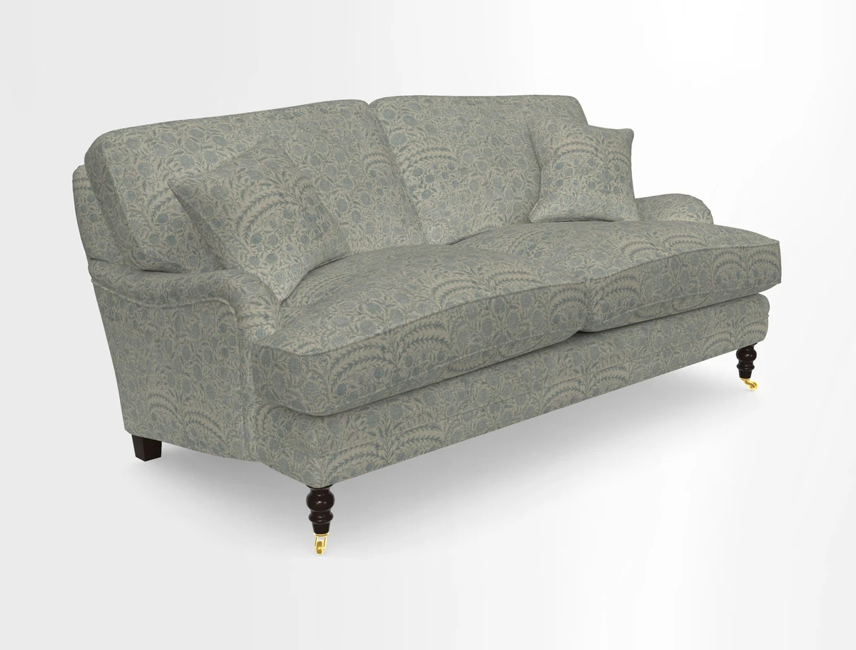 Coates 3 Seater Sofa in Mohair Velvet Indigo with Seat and Back Cushions in Gertrude Jekyll Meadow Flower Blue